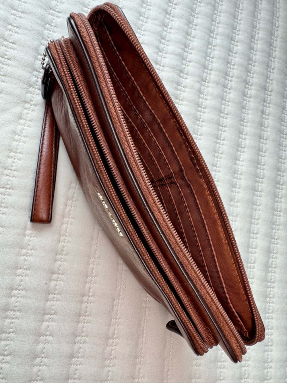 Coach Redwood Brown Pebbled Leather Double Zipper Wallet Wristlet - Picture 6 of 9